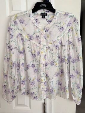 Scoop Womens Flowy Cotton Blouse White Purple Floral Long Sleeve Blouson Top XS